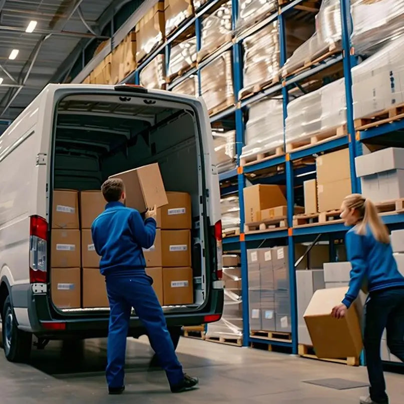 Personal cargando camión con cajas de productos